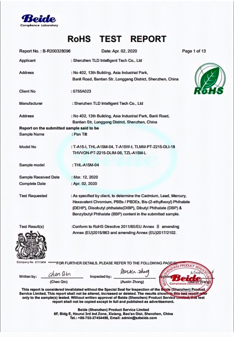 RoHS Test Report certificate for PTZ camera and electro-optical products, hazardous substance compliance testing