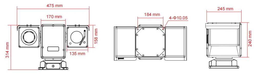 JEC-PTU-760 medium-load dual-side pan-tilt unit dimension drawing with mounting and overall dimensions