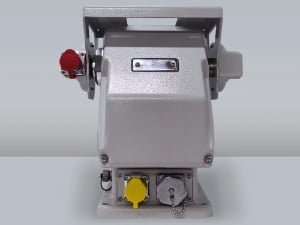 Rear view of the JEC-PTU-2140 compact top-load pan-tilt unit showing the industrial housing and mounting structure
