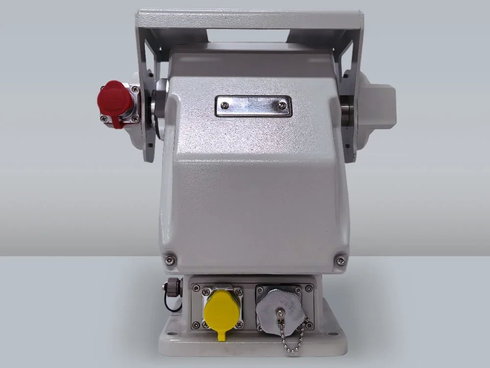Rear view of the JEC-PTU-2140 compact top-load pan-tilt unit showing the industrial housing and mounting structure