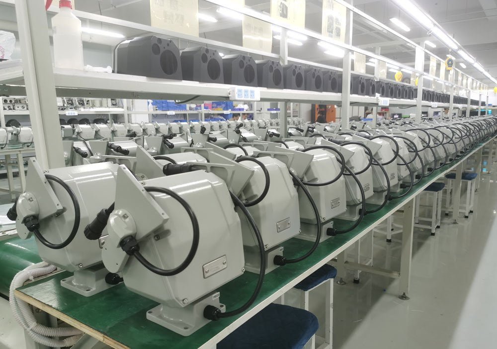 Batch assembly of JEC PTZ motorized pan-tilt units at the Shenzhen manufacturing facility