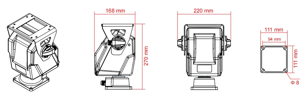 JEC-PTU-2140 top-load industrial pan-tilt unit dimension drawing with mounting dimensions