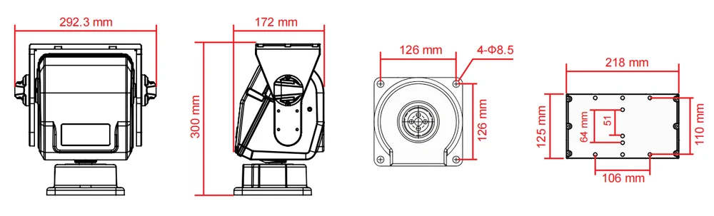 JEC-PTU-2315 medium-load pan-tilt unit dimension drawing with overall size and mounting details
