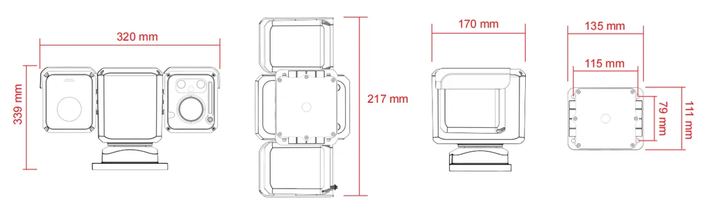 JEC-PTU-720 compact pan-tilt unit dimension drawing with overall dimensions and mounting details