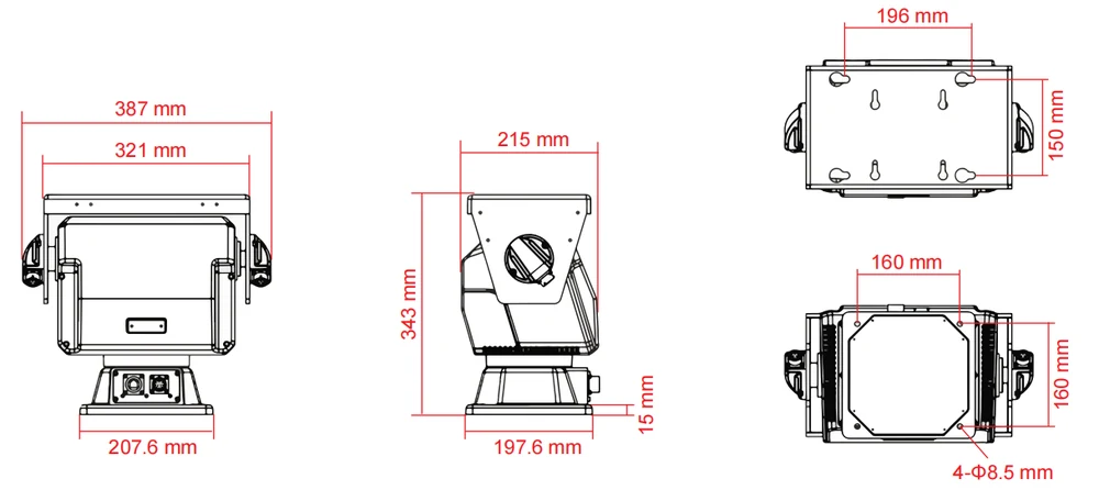 JEC-PTU-7230 heavy-duty pan-tilt unit dimension drawing with mounting and overall dimensions