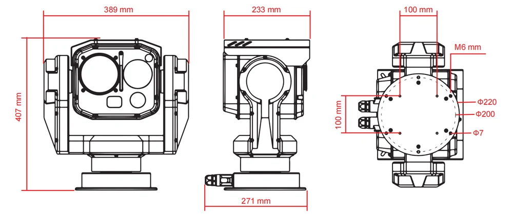 JEC-PTU-Scorpio high-speed EO/IR pan-tilt unit dimension drawing with mounting details