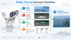 Visible thermal and laser workflow for long range PTZ surveillance