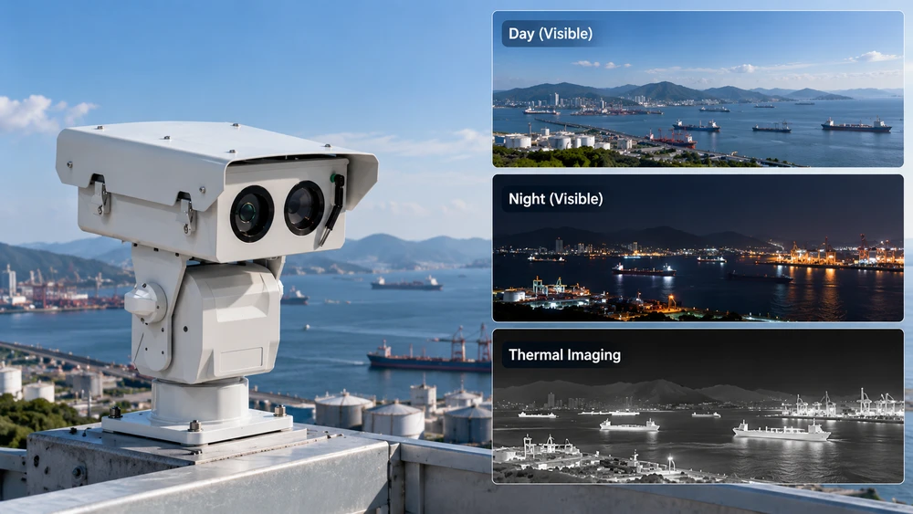 JEC dual-sensor PTZ camera for coastal surveillance with daytime visible, nighttime visible and thermal imaging views