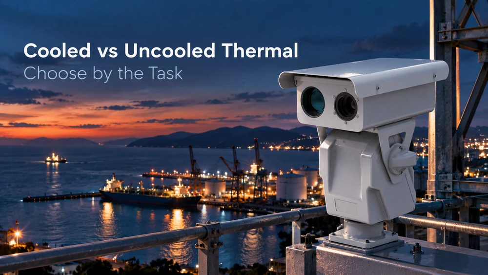 White dual-sensor PTZ camera overlooking a coastal port at dusk, illustrating the choice between cooled and uncooled thermal imaging by application task.