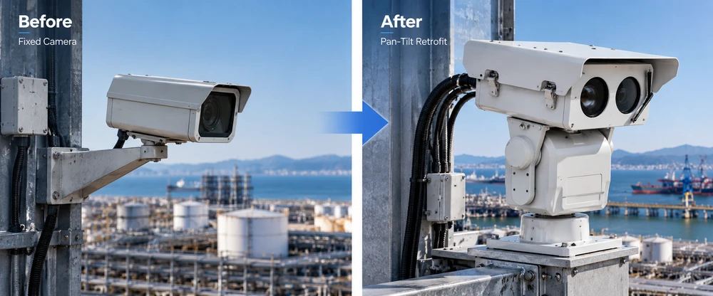 Before and after comparison of a fixed surveillance camera and a motorized pan-tilt camera system at an industrial port