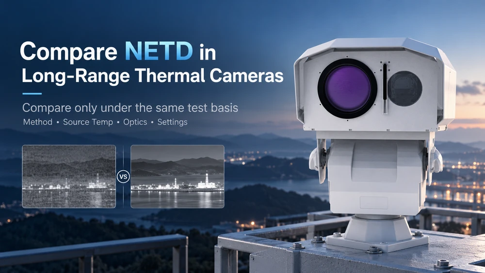 Long-range thermal camera beside a noisy-versus-clear thermal image pair at dusk, showing how NETD affects long-range thermal imaging clarity.